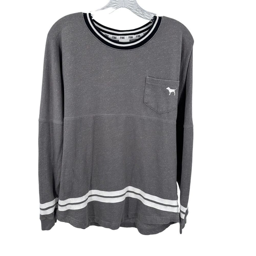 PINK Victoria's Small Secret Gray Varsity Long Sleeve Jersey Tee Shirt  Dog Logo - Picture 3 of 8